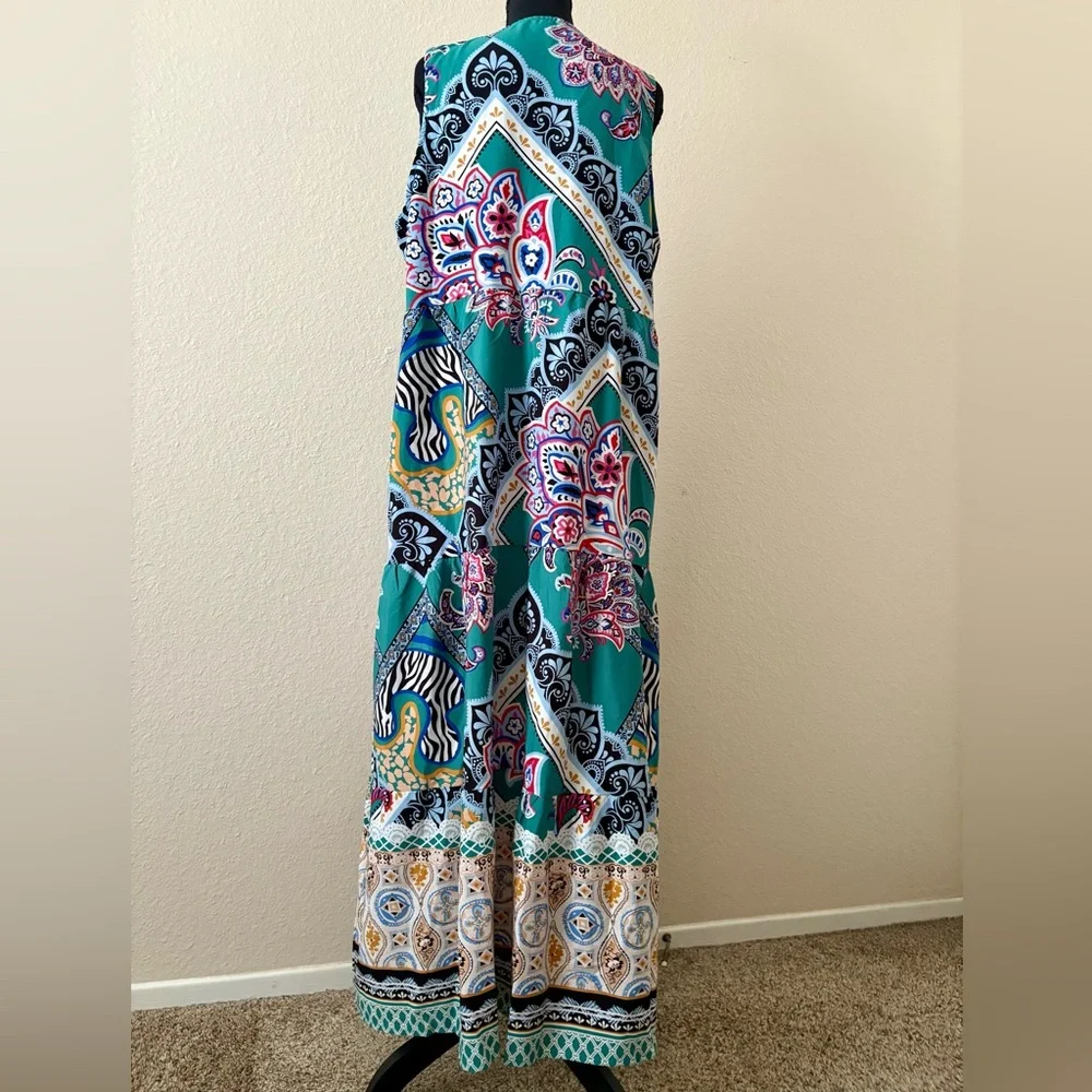 Suzanne Betro Tiered Maxi Dress 1X Sleeveless Floral Boho Artsy Patchwork
